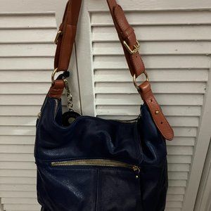 Blue/British tan ISAAC MIZRAHI LIVE! pebble Leather Slouchy Purse
